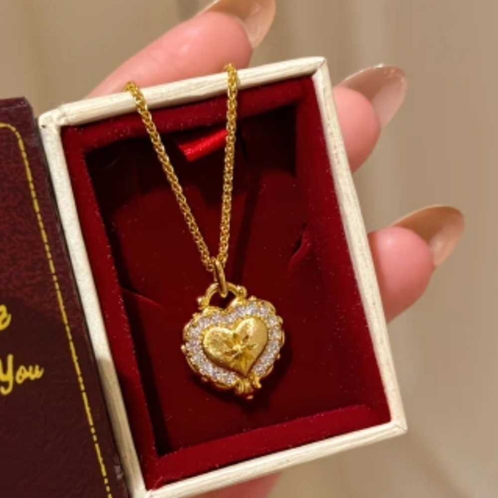 Gold Heart Pendant Necklace Crystal Halo